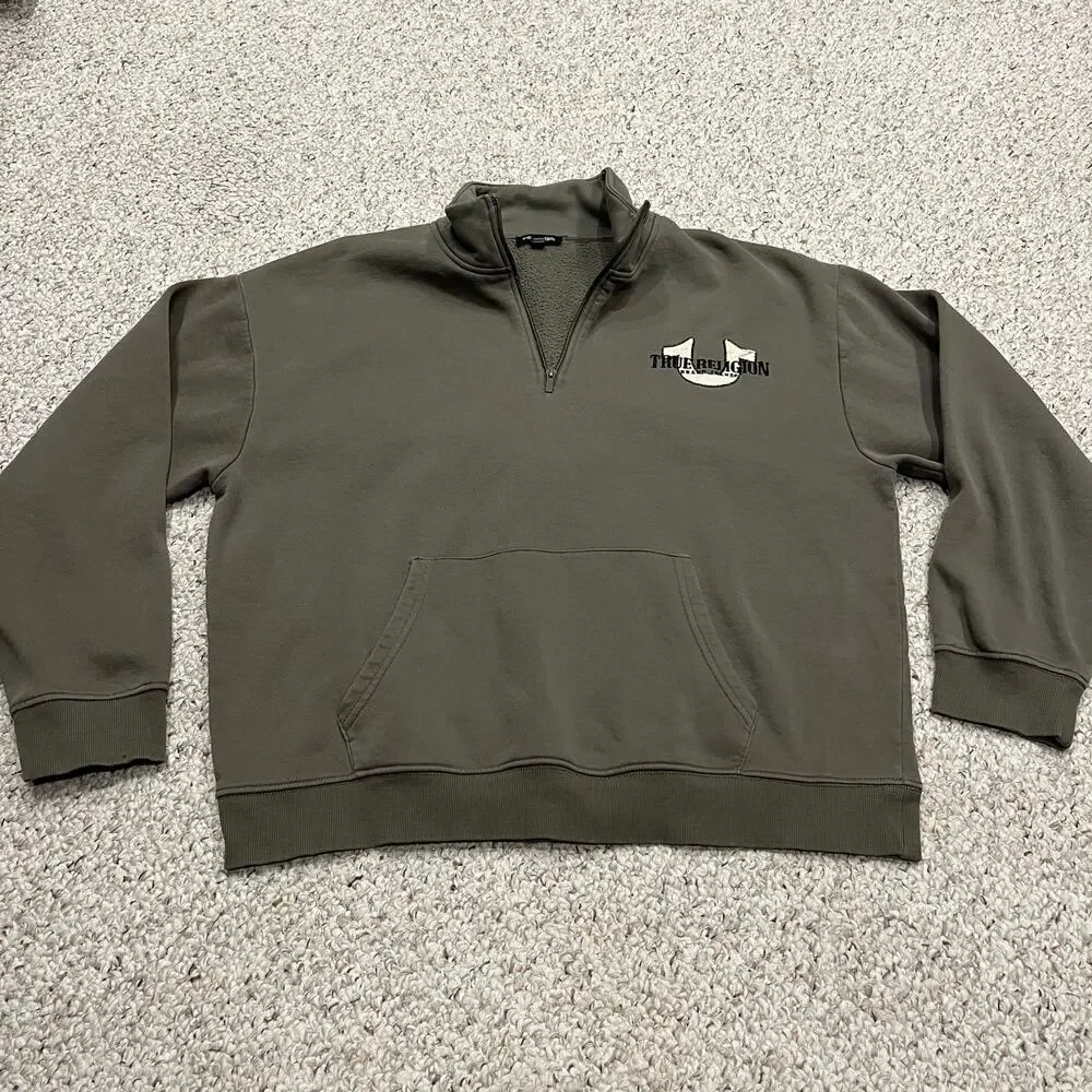 True Religion Kalamata Relaxed Mock Neck Quarter Zip Pullover Sweatshirt Sz L